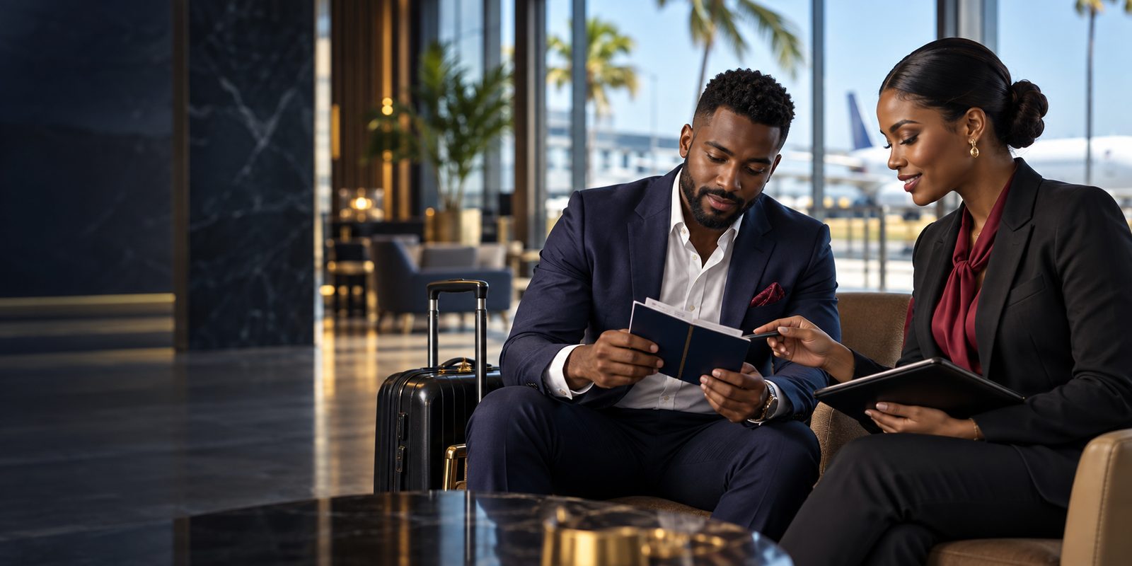 Business traveler reviewing documents with an advisor
